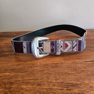 Vtg 90s Absolutely Fresh Southwestern Geometric Tapestry Belt S/M Beaded Trim